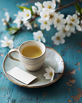 JPG 편집이미지 티타임 휴식 사람없음 파란색 평화 봄 벚꽃 빈티지 차 찻잔 디지털합성 감성 싱그러움 편집소스 편집실사 AI포토 AI콘텐츠 계절 꽃 음료 컬러 컨셉 잔 CG 파일형식