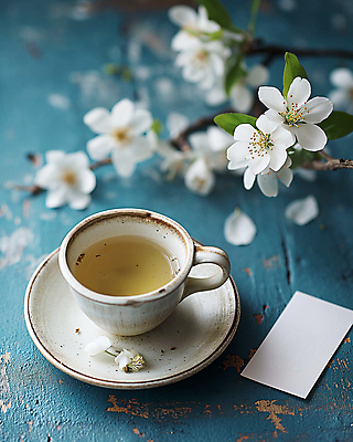 JPG 편집이미지 티타임 휴식 사람없음 파란색 평화 봄 벚꽃 빈티지 차 찻잔 디지털합성 감성 싱그러움 편집소스 편집실사 AI포토 AI콘텐츠 계절 꽃 음료 컬러 컨셉 잔 CG 파일형식