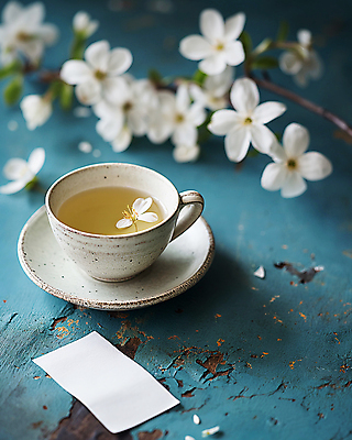 JPG 편집이미지 티타임 휴식 사람없음 파란색 평화 봄 벚꽃 빈티지 차 찻잔 디지털합성 감성 싱그러움 편집소스 편집실사 AI포토 AI콘텐츠 계절 꽃 음료 컬러 컨셉 잔 CG 파일형식