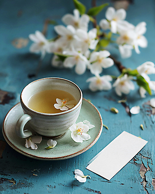 JPG 편집이미지 티타임 휴식 사람없음 파란색 평화 봄 벚꽃 빈티지 차 찻잔 디지털합성 감성 싱그러움 편집소스 편집실사 AI포토 AI콘텐츠 계절 꽃 음료 컬러 컨셉 잔 CG 파일형식