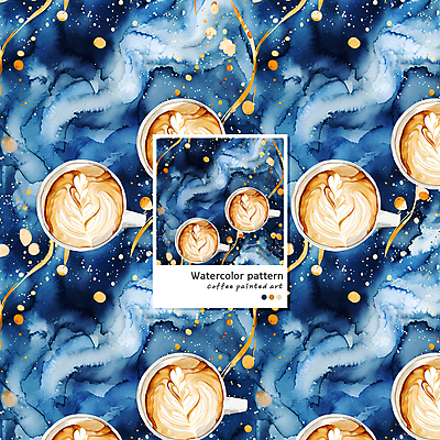 PSD 커피 음료 패턴 일러스트 수채화 사람없음 머그컵 남색 라떼 라떼아트 카페라떼 국내일러스트 컬러 무늬 컵 그림 파일형식
