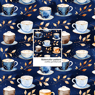 PSD 커피 음료 패턴 일러스트 수채화 사람없음 머그컵 남색 라떼 라떼아트 카페라떼 국내일러스트 컬러 무늬 컵 그림 파일형식