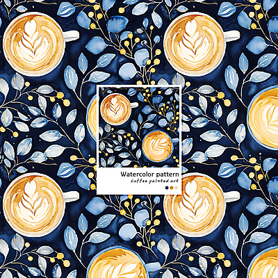 PSD 커피 음료 패턴 일러스트 수채화 사람없음 머그컵 남색 라떼 라떼아트 카페라떼 국내일러스트 컬러 무늬 컵 그림 파일형식
