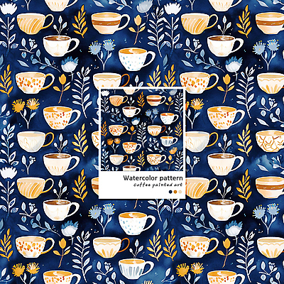 PSD 커피 음료 패턴 일러스트 수채화 사람없음 머그컵 남색 라떼 라떼아트 카페라떼 국내일러스트 컬러 무늬 컵 그림 파일형식