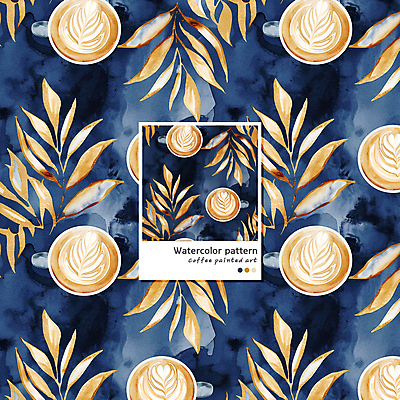 PSD 커피 음료 패턴 일러스트 수채화 사람없음 머그컵 남색 라떼 라떼아트 카페라떼 국내일러스트 컬러 무늬 컵 그림 파일형식