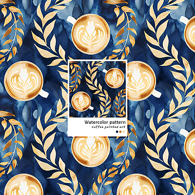 PSD 커피 음료 패턴 일러스트 수채화 사람없음 머그컵 남색 라떼 라떼아트 카페라떼 국내일러스트 컬러 무늬 컵 그림 파일형식