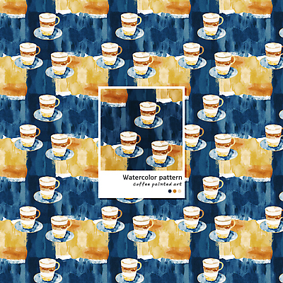 PSD 커피 음료 패턴 일러스트 수채화 사람없음 머그컵 남색 라떼 라떼아트 카페라떼 국내일러스트 컬러 무늬 컵 그림 파일형식