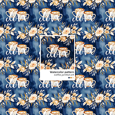 PSD 커피 음료 패턴 일러스트 수채화 사람없음 머그컵 남색 라떼 라떼아트 카페라떼 국내일러스트 컬러 무늬 컵 그림 파일형식