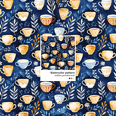 PSD 커피 음료 패턴 일러스트 수채화 사람없음 머그컵 남색 라떼 라떼아트 카페라떼 국내일러스트 컬러 무늬 컵 그림 파일형식