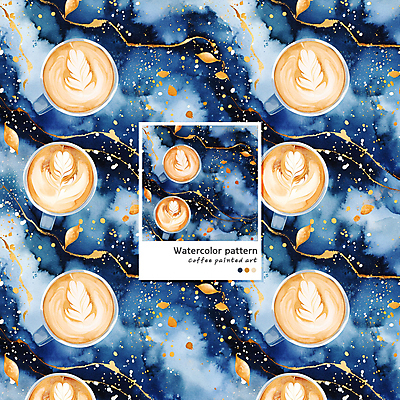 PSD 커피 음료 패턴 일러스트 수채화 사람없음 머그컵 남색 라떼 라떼아트 카페라떼 국내일러스트 컬러 무늬 컵 그림 파일형식