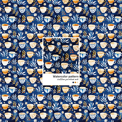 PSD 커피 음료 패턴 일러스트 수채화 사람없음 머그컵 남색 라떼 라떼아트 카페라떼 국내일러스트 컬러 무늬 컵 그림 파일형식