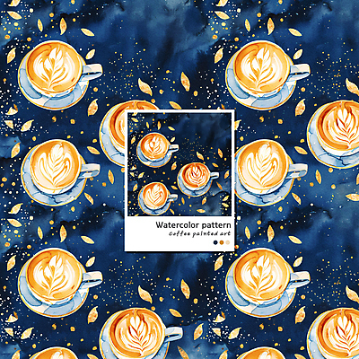 PSD 커피 음료 패턴 일러스트 수채화 사람없음 머그컵 남색 라떼 라떼아트 카페라떼 국내일러스트 컬러 무늬 컵 그림 파일형식