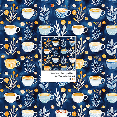 PSD 커피 음료 패턴 일러스트 수채화 사람없음 머그컵 남색 라떼 라떼아트 카페라떼 국내일러스트 컬러 무늬 컵 그림 파일형식