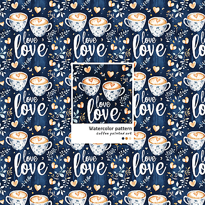 PSD 커피 음료 패턴 일러스트 수채화 사람없음 머그컵 남색 라떼 라떼아트 카페라떼 국내일러스트 컬러 무늬 컵 그림 파일형식