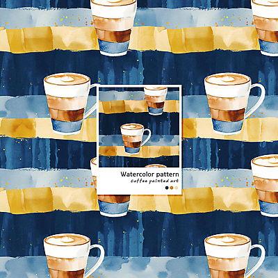 PSD 커피 음료 패턴 일러스트 수채화 사람없음 머그컵 남색 라떼 라떼아트 카페라떼 국내일러스트 컬러 무늬 컵 그림 파일형식