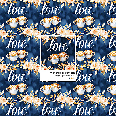 PSD 커피 음료 패턴 일러스트 수채화 사람없음 머그컵 남색 라떼 라떼아트 카페라떼 국내일러스트 컬러 무늬 컵 그림 파일형식