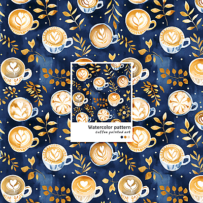 PSD 커피 음료 패턴 일러스트 수채화 사람없음 머그컵 남색 라떼 라떼아트 카페라떼 국내일러스트 컬러 무늬 컵 그림 파일형식