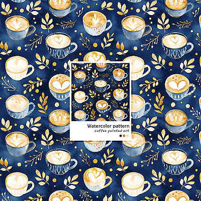 PSD 커피 음료 패턴 일러스트 수채화 사람없음 머그컵 남색 라떼 라떼아트 카페라떼 국내일러스트 컬러 무늬 컵 그림 파일형식