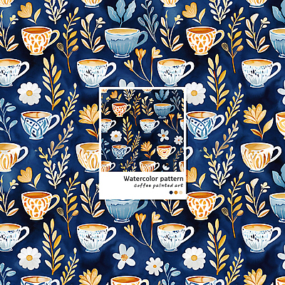 PSD 커피 음료 패턴 일러스트 수채화 사람없음 머그컵 남색 라떼 라떼아트 카페라떼 국내일러스트 컬러 무늬 컵 그림 파일형식