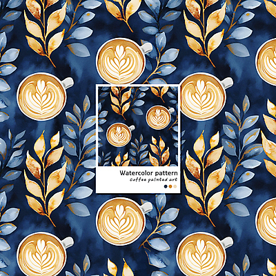 PSD 커피 음료 패턴 일러스트 수채화 사람없음 머그컵 남색 라떼 라떼아트 카페라떼 국내일러스트 컬러 무늬 컵 그림 파일형식