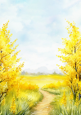 JPG 나무 구름 길 일러스트 하늘 수채화 산 따뜻함 풍경 초원 사람없음 여름 노란색 봄 산책로 시골 민들레 개나리 유채 화사함 프리지어 국내일러스트 AI일러스트 AI콘텐츠 자연요소 식물 계절 꽃 컬러 컨셉 파일형식