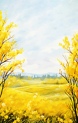 JPG 나무 구름 일러스트 하늘 수채화 산 따뜻함 풍경 초원 사람없음 여름 노란색 봄 시골 민들레 개나리 유채 화사함 프리지어 국내일러스트 AI일러스트 AI콘텐츠 자연요소 식물 계절 꽃 컬러 컨셉 파일형식