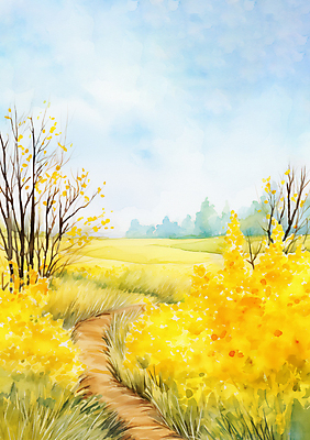 JPG 나무 구름 길 일러스트 하늘 수채화 산 따뜻함 풍경 초원 사람없음 여름 노란색 봄 산책로 시골 민들레 개나리 유채 화사함 프리지어 국내일러스트 AI일러스트 AI콘텐츠 자연요소 식물 계절 꽃 컬러 컨셉 파일형식