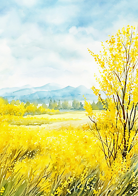 JPG 나무 구름 일러스트 하늘 수채화 산 따뜻함 풍경 초원 사람없음 여름 노란색 봄 시골 민들레 개나리 유채 화사함 프리지어 국내일러스트 AI일러스트 AI콘텐츠 자연요소 식물 계절 꽃 컬러 컨셉 파일형식