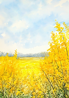 JPG 나무 구름 일러스트 하늘 수채화 산 따뜻함 풍경 초원 사람없음 여름 노란색 봄 시골 민들레 개나리 유채 화사함 프리지어 국내일러스트 AI일러스트 AI콘텐츠 자연요소 식물 계절 꽃 컬러 컨셉 파일형식