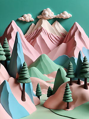 JPG 나무 구름 편집이미지 자연 산 풍경 사람없음 컬러풀 3D 모형 입체 디지털합성 점토 파스텔톤 편집소스 편집3D AI컴퓨터그래픽 AI콘텐츠 자연요소 식물 컬러 생태계 파일형식