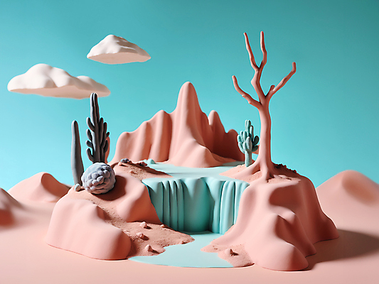 JPG 나무 구름 편집이미지 자연 선인장 풍경 사람없음 컬러풀 3D 모형 폭포 사막 입체 디지털합성 점토 파스텔톤 편집소스 편집3D AI컴퓨터그래픽 AI콘텐츠 자연요소 식물 컬러 생태계 파일형식