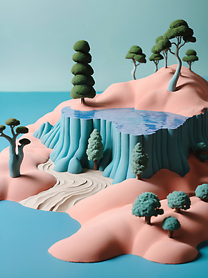 JPG 나무 편집이미지 자연 풍경 사람없음 컬러풀 3D 모형 절벽 입체 디지털합성 점토 파스텔톤 편집소스 편집3D AI컴퓨터그래픽 AI콘텐츠 식물 컬러 생태계 파일형식