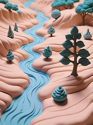 JPG 나무 편집이미지 자연 풍경 사람없음 컬러풀 3D 모형 계곡 입체 디지털합성 점토 파스텔톤 편집소스 편집3D AI컴퓨터그래픽 AI콘텐츠 식물 컬러 생태계 파일형식