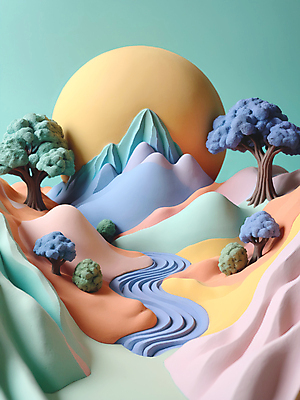 JPG 나무 편집이미지 자연 산 풍경 사람없음 컬러풀 태양 3D 모형 계곡 입체 디지털합성 점토 파스텔톤 편집소스 편집3D AI컴퓨터그래픽 AI콘텐츠 자연요소 식물 컬러 생태계 파일형식