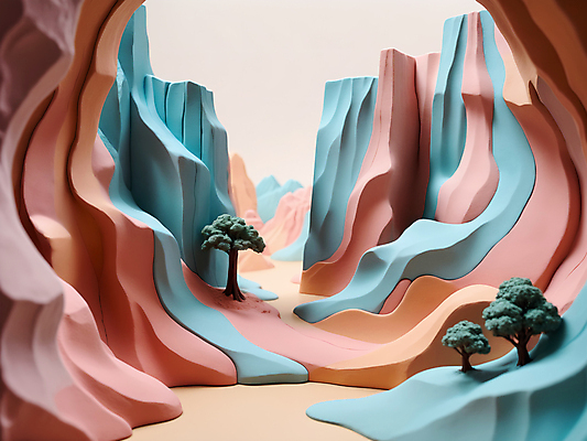 JPG 나무 편집이미지 자연 풍경 사람없음 컬러풀 3D 모형 골짜기 입체 디지털합성 점토 파스텔톤 편집소스 편집3D AI컴퓨터그래픽 AI콘텐츠 식물 컬러 생태계 파일형식