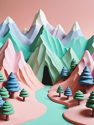 JPG 나무 편집이미지 자연 산 풍경 사람없음 컬러풀 3D 모형 동굴 입체 디지털합성 점토 파스텔톤 편집소스 편집3D AI컴퓨터그래픽 AI콘텐츠 식물 컬러 생태계 파일형식