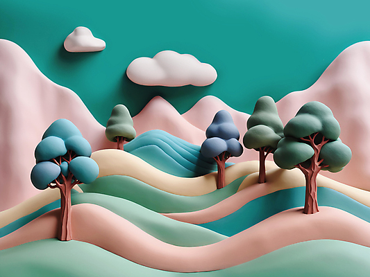JPG 나무 구름 편집이미지 자연 산 풍경 사람없음 컬러풀 3D 모형 입체 디지털합성 점토 파스텔톤 편집소스 편집3D AI컴퓨터그래픽 AI콘텐츠 자연요소 식물 컬러 생태계 파일형식