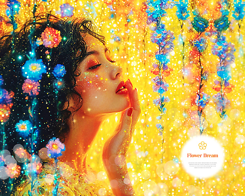 PSD 편집이미지 여자 꽃 꽃밭 상상 한명 상반신 성인 타이포그라피 반짝임 뷰티 노란색 눈감음 꿈 화려 성인여자한명만 이미지편집 식물 문자 1 컬러 컨셉 모션 사람 여자한명만 성인여자만 파일형식