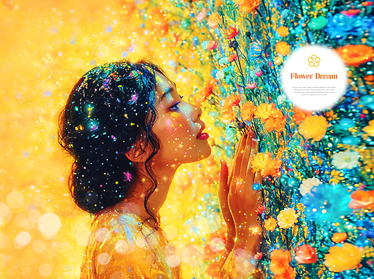 PSD 편집이미지 여자 꽃 한명 상반신 성인 타이포그라피 반짝임 뷰티 노란색 화려 성인여자한명만 이미지편집 식물 문자 1 컬러 컨셉 모션 사람 여자한명만 성인여자만 파일형식