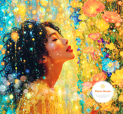 PSD 편집이미지 여자 꽃 한명 상반신 성인 타이포그라피 반짝임 뷰티 노란색 눈감음 화려 성인여자한명만 이미지편집 식물 문자 1 컬러 컨셉 모션 사람 여자한명만 성인여자만 파일형식