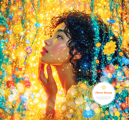 PSD 편집이미지 여자 꽃 한명 상반신 성인 타이포그라피 반짝임 뷰티 노란색 화려 성인여자한명만 이미지편집 식물 문자 1 컬러 컨셉 모션 사람 여자한명만 성인여자만 파일형식