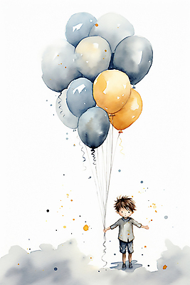 JPG 전신 남자 어린이 일러스트 수채화 한명 소년 잡기 분위기 풍선 소년한명만 동심 국내일러스트 AI일러스트 AI콘텐츠 1 컨셉 모션 사람 남자한명만 소년만 파일형식