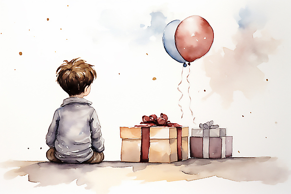 JPG 남자 어린이 일러스트 수채화 선물 한명 앉기 소년 상반신 선물상자 분위기 풍선 소년한명만 동심 국내일러스트 AI일러스트 AI콘텐츠 1 컨셉 모션 사람 상자 남자한명만 소년만 파일형식