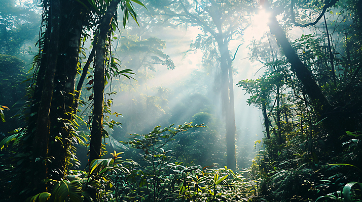 JPG 나무 편집이미지 자연 열대 풍경 사람없음 초록색 빛 숲속 신비 열대우림 울창 편집실사 AI포토 AI콘텐츠 식물 컬러 컨셉 숲 CG 생태계 파일형식