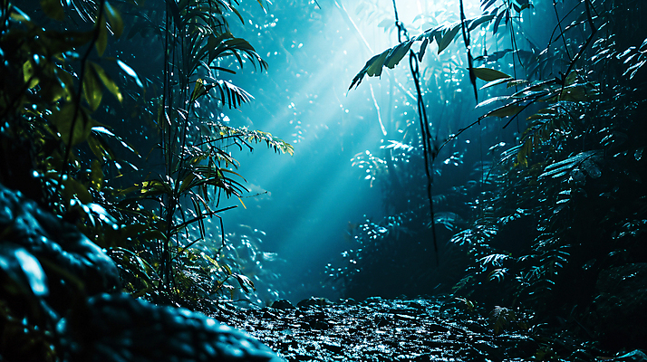 JPG 나무 편집이미지 자연 열대 풍경 사람없음 파란색 빛 숲속 신비 열대우림 울창 편집실사 AI포토 AI콘텐츠 식물 컬러 컨셉 숲 CG 생태계 파일형식