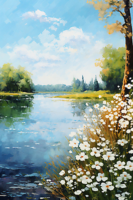 JPG 나무 꽃 호수 백그라운드 일러스트 자연 하늘 풍경 사람없음 분위기 질감 유화 국내일러스트 AI일러스트 AI콘텐츠 식물 컨셉 미술 생태계 파일형식