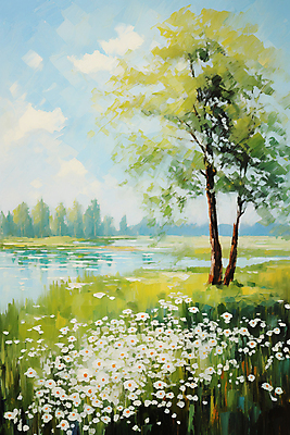 JPG 나무 꽃 호수 백그라운드 일러스트 자연 하늘 풍경 사람없음 분위기 질감 유화 국내일러스트 AI일러스트 AI콘텐츠 식물 컨셉 미술 생태계 파일형식