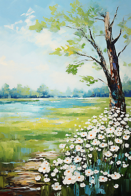 JPG 나무 꽃 호수 백그라운드 일러스트 자연 하늘 풍경 사람없음 분위기 질감 유화 국내일러스트 AI일러스트 AI콘텐츠 식물 컨셉 미술 생태계 파일형식