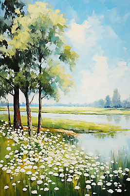 JPG 나무 꽃 호수 백그라운드 일러스트 자연 하늘 풍경 사람없음 분위기 질감 유화 국내일러스트 AI일러스트 AI콘텐츠 식물 컨셉 미술 생태계 파일형식