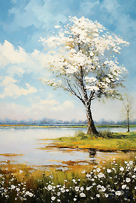 JPG 나무 꽃 호수 백그라운드 일러스트 자연 하늘 풍경 사람없음 분위기 질감 유화 국내일러스트 AI일러스트 AI콘텐츠 식물 컨셉 미술 생태계 파일형식